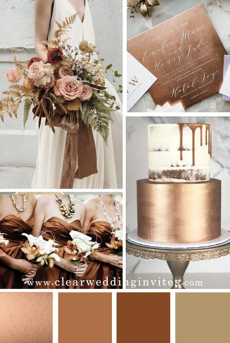 Rose Gold And Bronze Wedding Theme, White Gold Brown Wedding, Wedding Combination Colors, Copper Champagne Wedding, Copper Brown Wedding Theme, Wedding Linens Ideas Color Schemes, Brown Color Palette Wedding, Unique Wedding Theme Colors, Shades Of Brown Wedding