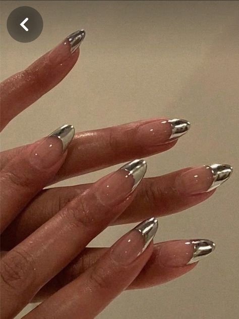 Nails With Silver, Hippie Nails, Simple Gel Nails, French Tip Acrylic Nails, Her Nails, Almond Nails Designs, Almond Acrylic Nails, Almond Nail, Almond Shaped