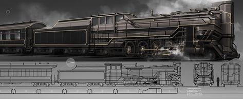 Locomotive Concept Design ver.1, Vyacheslav Gluhov on ArtStation at https://www.artstation.com/artwork/zOE4L Steampunk Vehicle, Steampunk City, Train Projects, Rpg World, Space Ships Concept, Railroad Art, Future Transportation, Space Ship Concept Art, Sci Fi Spaceships