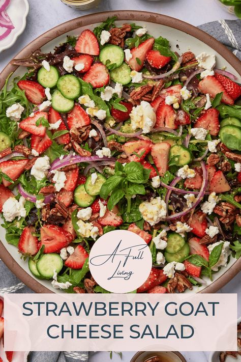 This Strawberry Goat Cheese Salad is made with juicy, sweet strawberries, creamy goat cheese, fresh basil, arugula, mixed greens, crispy cucumbers, red onions, pecans, and hemp hearts. Top it all off with a homemade honey lemon vinaigrette for a delicious, and filling salad for spring and summer. #Strawberry #GoatCheese #SummerSalad Stawberry Salad, Strawberry Goat Cheese Salad, Catering Appetizers, Strawberry Fields Salad, Strawberry Goat Cheese, Spring Mix Salad, Creamy Goat Cheese, Salads For A Crowd, Goat Cheese Recipes