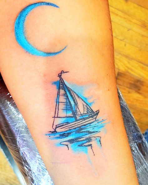 Moon Boat Tattoo, Seaglass Tattoo, Burning Ship Tattoo, Small Sailboat Tattoo, Small Ship Tattoo, Tattoo Sailboat, Sailboat Tattoo Simple, Sail Boat Tattoo, Aqua Tattoo