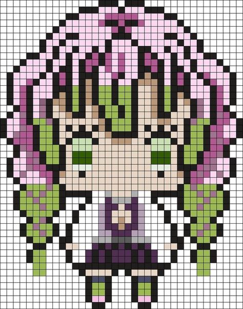 Mitsuri Perler Beads, Demon Slayer Pixel Art Grid, Pixel Drawing Anime, Anime Pixel Art Grid, Demon Slayer Pixel Art, Pixel Art Manga, Kandi Cuffs, Modele Pixel Art, Anime Pixel