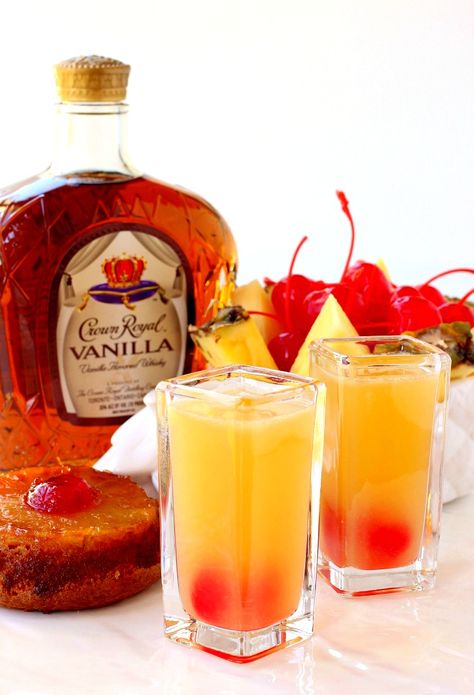 Pineapple Upside Down Shots taste just like the dessert but in drinkable form! Sweet but with a big kick from vanilla whiskey, these go down easy! Pineapple Upside Down Shot, Tasty Shots, Alcholic Drinks, Liquor Drinks, Boozy Drinks, Pineapple Upside, Shot Recipes, Pineapple Upside Down, Jello Shots