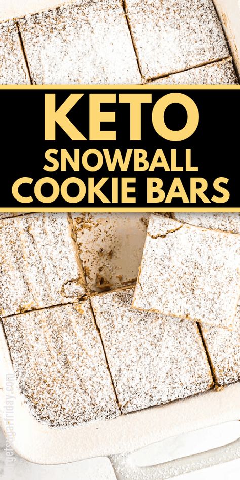 EASY Keto Snowball Cookie Bars, aka Keto Snowball Cookie Casserole! Make keto snowball cookies easily in this yummy casserole format. Each generous piece contains only 2g net carbs! An amazing keto dessert (keto holiday dessert and keto Christmas dessert) or even a keto snack. Great for the keto diet or low carb diet. Cookie Casserole, Mexican Wedding Cakes, Classic Snowball Cookies, Snowball Cookies Recipe, Snowball Cookie, Gluten Free Wedding Cake, Cookie Bars Easy, Snowball Cookie Recipe, Keto Christmas Cookies