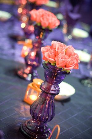 Reception, Purple, Vase Pallet Wedding Decor, Purple Orange Wedding, Purple Table Decorations, Purple And Orange Wedding, Orange Purple Wedding, Orange Wedding Decorations, Coral And Purple, Simple Wedding Flowers, Pallet Wedding