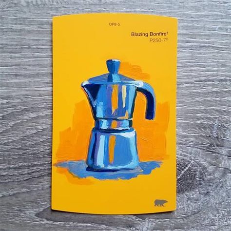 "Blazing Bonfire Moka Pot" - © Rachel Petruccillo - on paper paint swatch - 4.5x2.75 in - My series of cup paintings explores ordinary moments that are part of our daily routine. #bialetti #paintswatch #tinyart #colorful #paintchip #mokapot #coffeebar #coffeeart #breakfastbar #kitchendecor Rachel Petruccillo, Art Assignments, Coffee Drawing, Art Basics, Moka Pot, Coffee Illustration, Oil Pastel Art, Postcard Art, Daily Painting