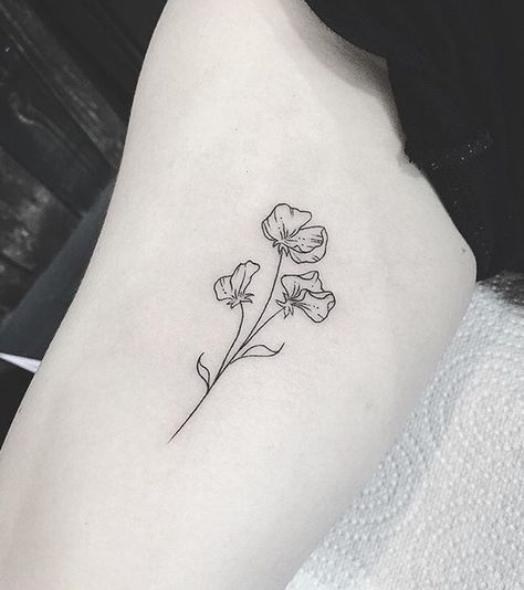 Sweet Pea Tattoo Black, Tattoo Of Violets, Small Sweet Pea Tattoo, Sweet Pea Tattoo Simple, Tattoo Sweet Pea, Sweet Pea Tattoo Design, Patagonia Tattoo, Sweetpea Tattoo, Sweetpea Flower Tattoo