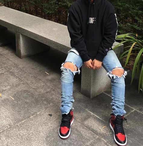 Jordan 1 Bred Outfit Men, Jordan 1 Bred Outfit, Miles Fairchild, Jordan 1 Outfit, Hypebeast Fashion, Black Men Fashion Casual, Black Men Fashion Swag, Shop Jeans, Dope Outfits For Guys