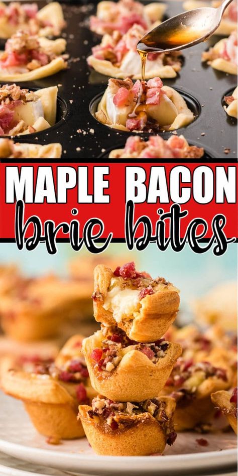 Maple Walnut And Bacon Brie Bites, Crescent Bites Appetizers, Maple Bacon Brie In Puff Pastry, Brie And Bacon Appetizer, Bacon Brie Appetizer, Mini Brie Appetizer, Mini Brie Recipes, Brie Bites Crescent Rolls, Brie Skewers