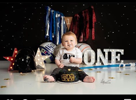 Star Wars Smash Cake Photoshoot, Star Wars 1st Birthday Photo Shoot, Star Wars First Birthday Photoshoot, Star Wars Cake Smash, One With The Force First Birthday, Star Wars Smash Cake, Star Wars First Birthday, 1st Birthday Boy Themes, Prince Birthday Theme