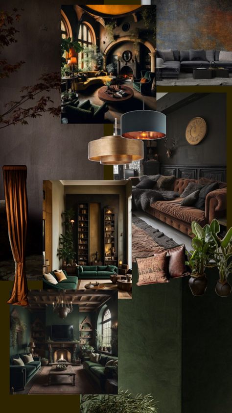 Dark academia/modern moody twist Mcm Dark Academia, Dark Academia Modern, Moody Apartment, Dark Academia Wall, Apartment Vibes, Moody Decor, Interior Design Boards, Design Board, Low Ceiling