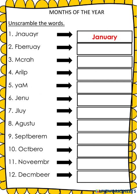 Months of the year online worksheet for Year 1. You can do the exercises online or download the worksheet as pdf. Year 1 Worksheets, Year 3 Worksheets, Month Worksheets For Kids, Months Worksheet For Kids, Month Worksheet, Months Worksheets For Grade 1, Months Of The Year Activities, Month Of The Year Worksheet, Learning The Months Of The Year For Kids