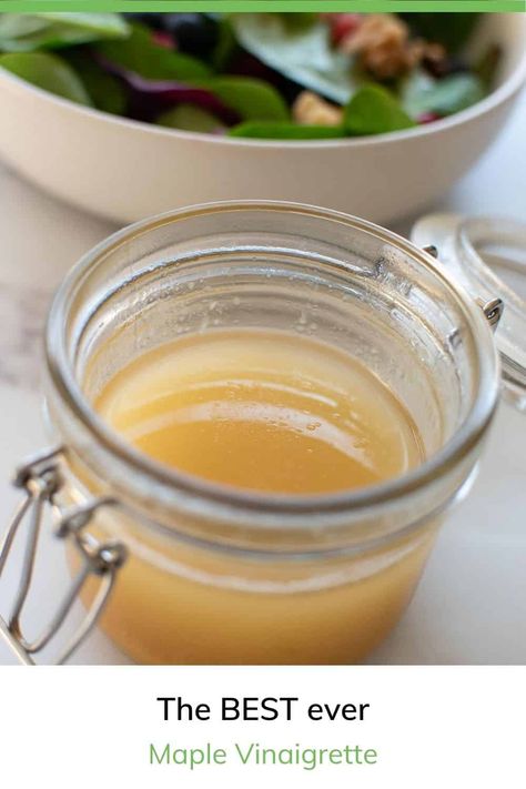 This healthy maple vinaigrette is a fantastic salad dressing with maple syrup, white wine vinegar and lemon juice. Perfect on salads, or to use as a marinade for any meat, including chicken. Vinaigrettes are healthy and flavorful, and suit most diets, including vegan. Best Kale Salad, Kale Salad Dressing, Ginger Salad Dressing, Lemon Salad Dressings, Jar Of Pickles, Ginger Salad, Ginger Salad Dressings, Maple Vinaigrette, Salad Kale