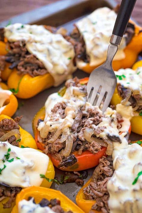 Shaved Steak Recipes, Shaved Steak Recipe, Mushrooms And Rice, Philly Cheesesteak Stuffed Peppers, Shaved Steak, Steak Peppers, Bell Peppers Stuffed, Low Carb Stuffed Peppers, Stuffed Peppers With Rice