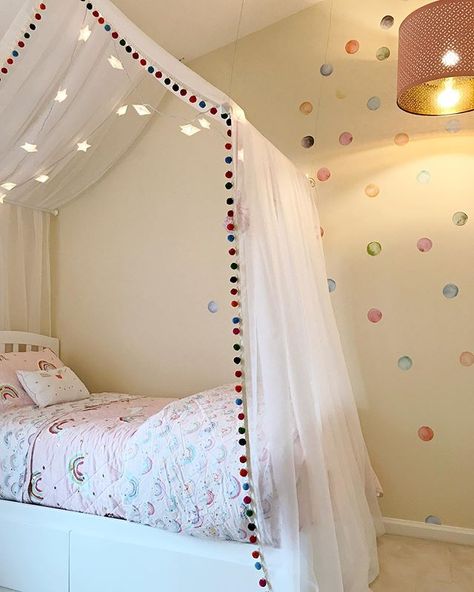 Rainbow Bed Canopy, Bed Canopy Girls Room, Lighted Canopy Over Bed, Diy Childs Bed, Girls Bed With Canopy, Kids Canopy Bed, Tent Over Bed, Bed Canopy Ideas, Girls Bedroom Canopy