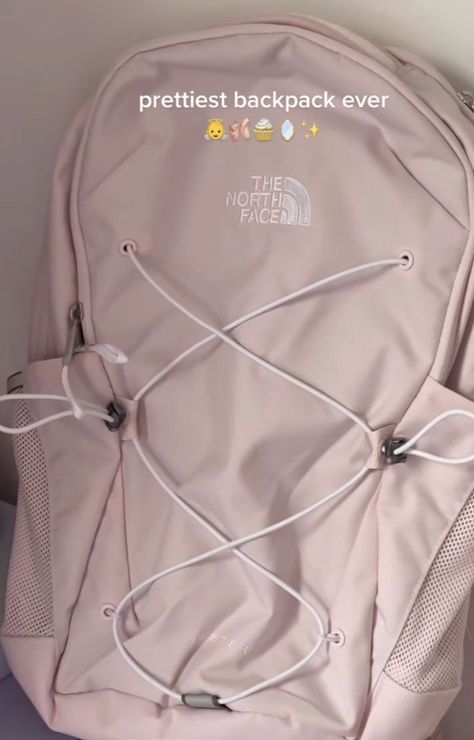 College Backpack Northface, School Backpack Northface, Coconut Jansport Backpack Aesthetic, Pink Northface Backpacks, Pink North Face Backpack Aesthetic, Pink Bookbag Aesthetic, Cute Book Bags For High School, The North Face Pink Backpack, Coquette Bookbag