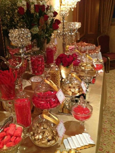 Red Candy Table Ideas, Quinceañera Candy Table, Red And Gold Candy Table, Quince Candy Table Ideas, Red Candy Table, Candy Buffet Ideas Birthday, Red Candy Buffet, Beauty And Beast Birthday, Beauty And Beast Wedding