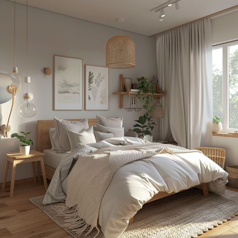 Bedroom Ideas Hygge, Interior Design Bedroom Scandinavian, Scandinavian Interior Ideas, White Airy Bedroom, White And Wood Bedroom Ideas, Modern Scandinavian Interior Bedroom, Natural Modern Bedroom, Natural Tone Bedroom, Bedroom Furniture Ideas Modern