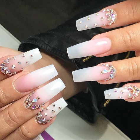 Long Square Nails. Nails with Rhinestones. Ombre Nails. Pink and White Nails. Acrylic Nails. Ombre Nails With Rhinestones, Pink And White Ombre Nails, White Ombre Nails, Pink And White Ombre, Nails With Rhinestones, Long Square Nails, Pink Ombre Nails, Ombre Acrylic Nails, Nails Design With Rhinestones