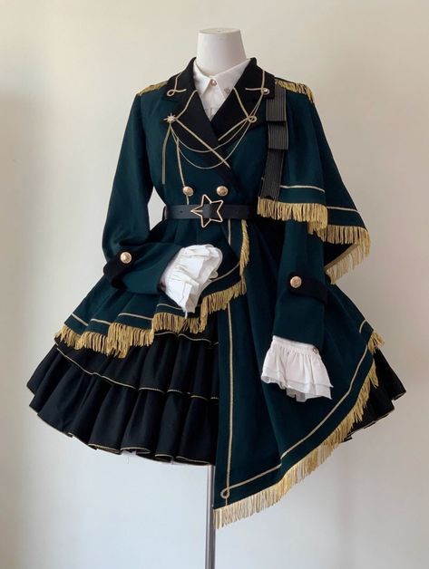 New Round Preorder Starts: 【-The Honored Knight-】 #MilitaryLolita Top Wear, Blouse and Skirt Set ◆ Shopping Link >>> https://lolitawardrobe.com/the-honored-knight-military-lolita-top-wear-blouse-and-skirt-set-preorder_p7602.html ◆ The Top Wear (jacket) is Available in New Color (green/dark green). Fantasy Outfit Ideas, Royal Skirt, Green Aesthetic Outfit, Blouse With Skirt, Fancy Coat, Idol Dress, Royal Outfit, Knight Outfit, Victorian Era Dresses