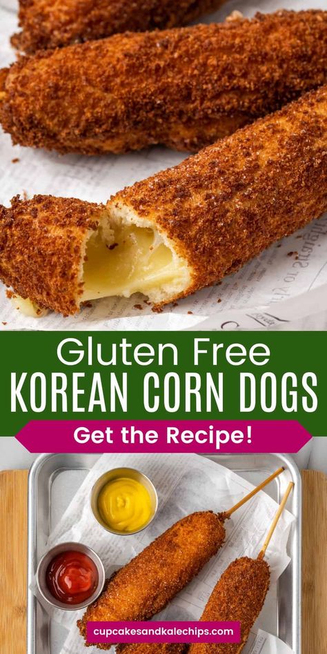 Kids and adults will find these Gluten Free Korean Corn Dogs completely irresistible! Sink your teeth into the golden, crispy crust, revealing a gooey, melty center of cheese and perfectly cooked hot dog. Get ready to experience a whole new level of corn dog goodness that will have you coming back for more! Korean Hot Dogs, Korean Corn Dog Recipe, Gluten Free Hot Dogs, Df Meals, Korean Corn Dog, Gluten Free Recipes Appetizers, Korean Corn, Corndog Recipe, Gluten Free Panko