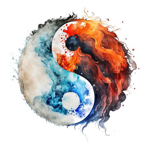 Ying Yang Watercolor, Yin Yang Painting Ideas, Fire And Ice Tattoo, Pisces Yin Yang, Fire And Ice Art, Fire Yin Yang, Jin Jan, Ying Et Yang, Jing Jang