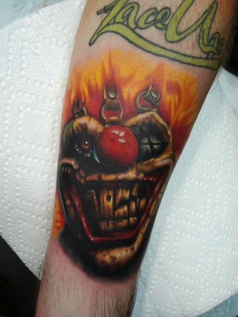 #colortattoo #tattoo #sweettooth #twistedmetal #realistic #clown Sweet Tooth Twisted Metal Tattoo, Twisted Metal Tattoo, Sweet Tooth Tattoo, Tooth Tattoo, Clown Tattoo, Horror Stuff, Metal Tattoo, Tattoo Desings, Tattoo Style Drawings