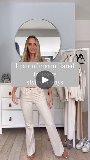 166K views · 5K reactions | 1 pair of cream flared trousers styled 3 ways | 1 pair of flared cream trousers styled 3 ways 🤍 How would you wear yours - 1, 2 or 3? 🤔 A good pair of flared white trousers is the holy grail. Sooo... | By Tess Montgomery | Facebook Cream Flare Leggings Outfit, Cream Flare Pants Outfit, Flare Pants Outfit Fall, Cream Flare Pants, Tess Montgomery, White Flare Pants, White Pants Outfit, Cream Trousers, Pants Outfit Fall