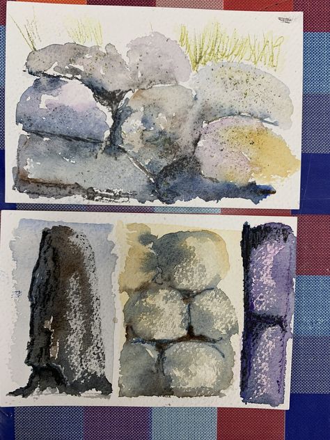 Watercolour Rocks Tutorial, Stone Watercolor Painting, Watercolour Rocks, Watercolor Rocks And Water, Loose Sketching, Watercolor Stone Wall, Stone Texture Watercolor, Watercolor Loose, Wall Brick