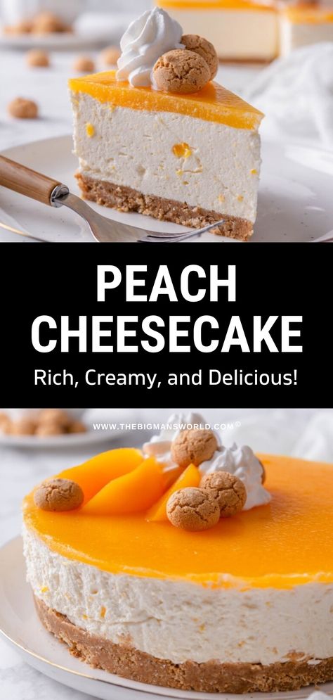 This decadent no bake peach cheesecake is an easy, hassle-free recipe. Enjoy the crumbly base, rich, creamy filling, and tart jelly top in every bite of this sweet-tart peach dessert. Peach Cheesecake Topping, No Bake Cheesecake Peach, Cheesecake Tart Recipes, No Bake Cheesecake Flavors, Peach Cheesecake Recipes, Tarts Recipe Dessert, No Bake Peach Cheesecake, Peach Recipes Dessert, Cheesecake Recipes Easy No Bake