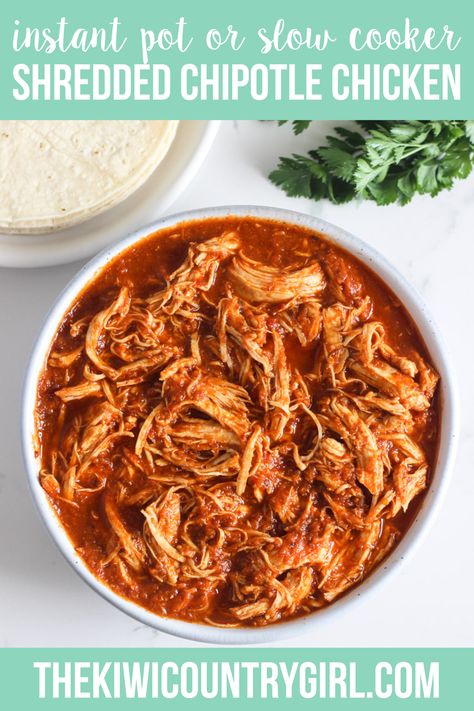 This super easy and delicious recipe for shredded chipotle chicken is perfect for tacos, enchiladas or on a salad. It can be made in the multi cooker, instant pot or the slow cooker and freezes really well for meal prep! This family friendly meal is a great one to make for new mums too. Instructions for the simple homemade sauce that the chicken cooks in as well as tips for freezing and preparing ahead of time. Chipotle Chicken Instant Pot, Shredded Chipotle Chicken, Chicken Tacos Instant Pot, Chipotle Chicken Recipe, Chipotle Chicken Tacos, Chipotle Recipes Chicken, Braised Chicken Breast, Recipe Instant Pot, Freezable Meals