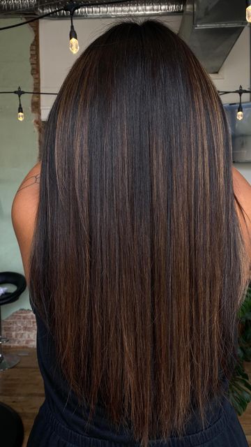 Oklahoma Hair+Lived in Color on Instagram: "Y’all already know I’m addicted to a dimensional brunette 🫶🏼 Gloss appointment to refresh this beauty’s balayage we did at her last appointment! It always blows me away every time at how much coming in for a gloss appointment can make your color look brand new! @redken SEQ 7ag, 7nb, 8gi ⚡️ #dimensionalbrunette #oklahomahair #brunettebalayage #redkenshadeseq #oklahomabalayage #mastersofbalayage #livedincolor #oklahomabrunettespecialist #okhairstylis Straight Dark Balayage, Half Highlights Black Hair, Dimensional Balayage Brunettes, Brunette Balayage Hair Straight, Glossed Hair, Brunette Gloss, Dimensional Black Hair, Lived In Highlights, Lived In Brunette