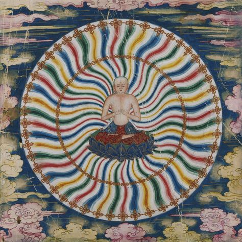 Paintings from a Secret Album Illustrating the Tantric Tibetan Meditation Practice Saravid Vairochana, Primordial Buddha. China. 1700s. Buddhist Painting, Photo Museum, Tibetan Meditation, Moon Juice, Christian Missionary, Socialist Realism, Tibetan Art, Inner Mongolia, Wheel Of Life