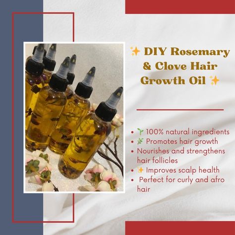 ✨ DIY Rosemary & Clove Hair Growth Oil ✨ Discover our 100% natural hair growth oil infused with rosemary and cloves. 🌿💆🏾‍♀️ Features: 🌱 100% natural ingredients 🌿 Promotes hair growth 💆🏾‍♀️ Nourishes and strengthens hair follicles ✨ Improves scalp health 🧖🏾‍♀️ Perfect for curly and afro hair Order now and join our community for more natural hair care tips! 🌸 #HairGrowth #NaturalHairCare #RosemaryOil #CloveOil #healthyhair #naturalbeauty #HairCareRoutine #afrohair #curlyhair Natural Hair Growth Oil, Strengthen Hair Follicles, Natural Hair Care Tips, Clove Oil, Hair Lotion, Hair Follicles, Rosemary Oil, Scalp Health, Natural Haircare