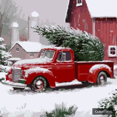 Christmas Red Truck, Christmas Scenery, Christmas Artwork, Vintage Christmas Images, Christmas Car, Twinkling Lights, Christmas Feeling, Christmas Canvas, Color Painting