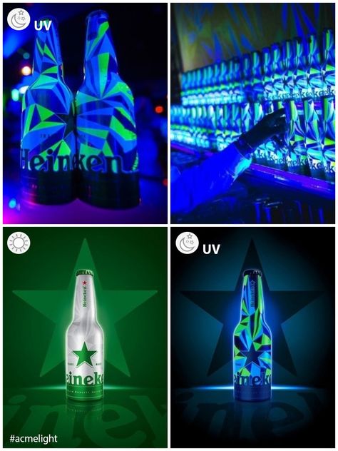 With natural light, aluminum bottles have a frosted geometric image and a named green star. Visitors can see the transformation of the clubs in the bottles fluorescent blue-green under ultraviolet light.

#heineken #bottle #beer #club #fluorescent #glow #ultraviolet #light Drinks That Glow In Black Light, Glow Bottle, Glow In The Dark Beach, Glow In The Dark Aquarium, Glowing Potion Bottles, Glowing Mushroom Forest, Fluorescent Paint, Ultraviolet Light, Aluminum Bottle