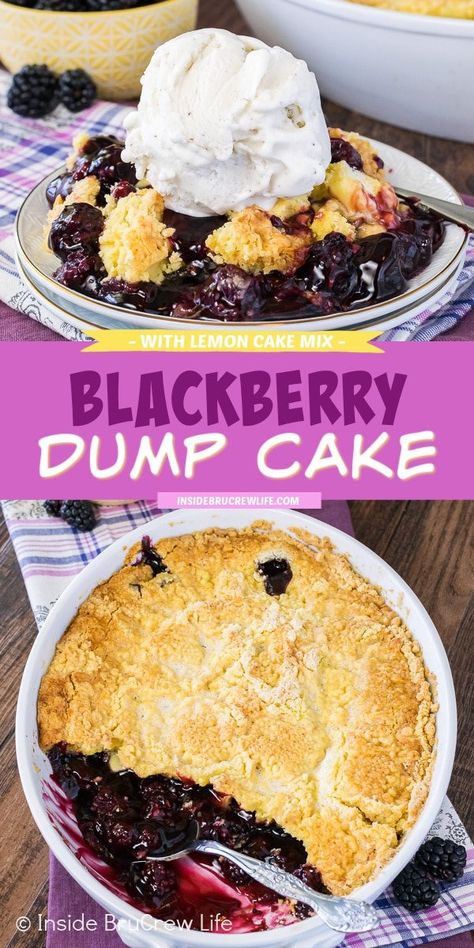 Blackberry Dump Cake - gooey blackberry pie filling with lemon cake mix makes an awesome summer dessert recipe. Serve it warm with vanilla ice cream for a delicious treat. Blackberry Dump Cake Recipes, Blackberry Dump Cake, Blackberry Pie Filling, Lemon Dump Cake, Lemon Topping, Easy Blackberry Cobbler, Cake Mix Cobbler, Blackberry Dessert, Blackberry Cobbler Recipe