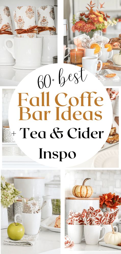 60+ Ideas For Creating A Fall Coffee, Tea, Or Cider Bar In Your Kitchen - StoneGable Wedding Coffee Station Ideas, Coffee Bar Ideas For A Party, Fall Beverage Bar, Coffee Bar For Event, Coffee Bar Toppings, Brunch Coffee Bar Ideas, Fall Beverage Station, Hot Cider Bar Ideas, Hot Tea Bar Ideas