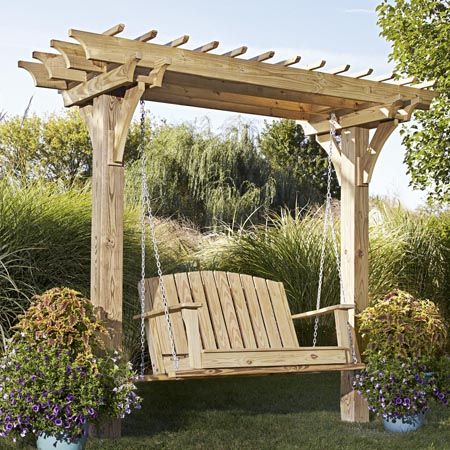 Easy Swinging Arbor with Swing — With only two posts to set and nothing to rip, you’ll be relaxing in your new swing in no time. This project features simple joinery—screws and a few notches—for quick construction. Decorative battens and beams strengthen the arbor while providing partial shade. http://www.woodstore.net/easwarwisw.html Ombra Pergola, Backyard Structures, Pergola Diy, Backyard Swings, Pergola Swing, Wooden Swing, Pergola Design, Garden Arbor, Woodworking Inspiration