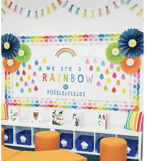 The Best Classroom Themes for 2020 and 2021 - Chaylor & Mads Rainbow Of Possibilities Bulletin Board, Best Classroom Themes, Rainbow Theme Classroom, Preschool Classroom Themes, Rainbow Of Possibilities, Camping Classroom, Classroom Images, Camping Theme Classroom, Infant Classroom