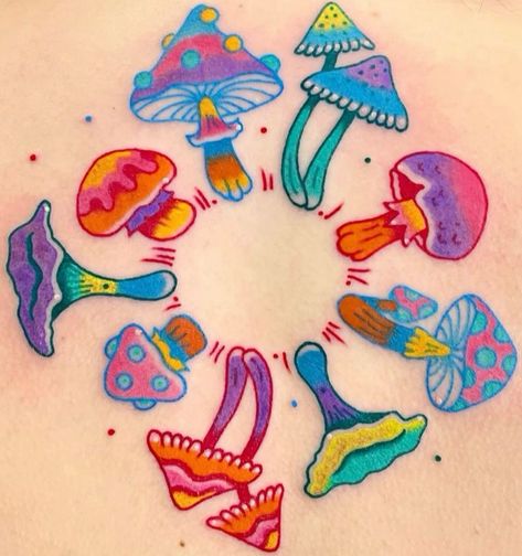 Toadstool Tattoo Simple, Colorful Chest Tattoo, Lisa Frank Tattoo Ideas, Colorful Mushroom Tattoo, Color Line Tattoo, Colorful Tattoo Sleeve, Lisa Frank Tattoo, Cute Mushroom Tattoo, Small Color Tattoo