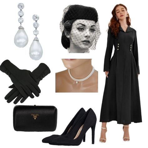 Rich Widow Outfit, Opera Clothes Outfits, Morden Royalty Outfit, Black Royal Outfit, Royal Outfits Aesthetic, Aristocratic Dress, Modern Royal Outfits, Modern Royalty Outfit, 60s Inspired Outfits