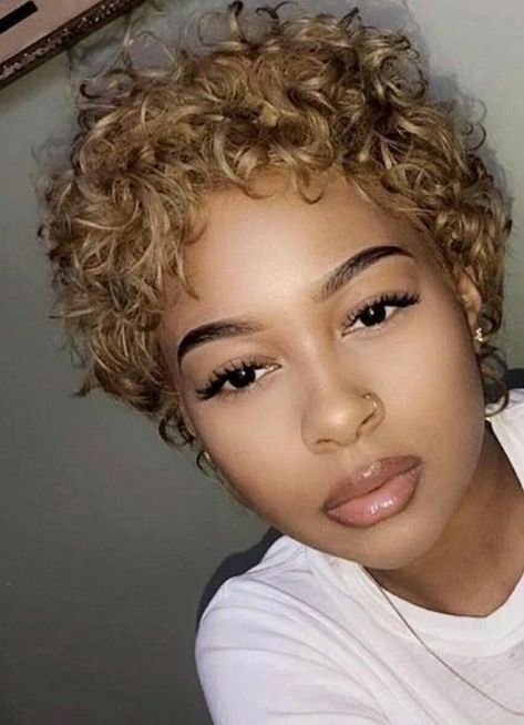 L😍VE everything about this look. Color, Curls & Style. Short Curly Blonde Hair Natural Black Women, Blonde Hair Black Women Curly, Blonde Curly Pixie, Curly Hairstyles Light Skin, Honey Blonde Pixie Cut, Hairstyles Light Skin, Pixie Cut Curly Hair, Blonde Hair Black Women, Finger Waves Short Hair