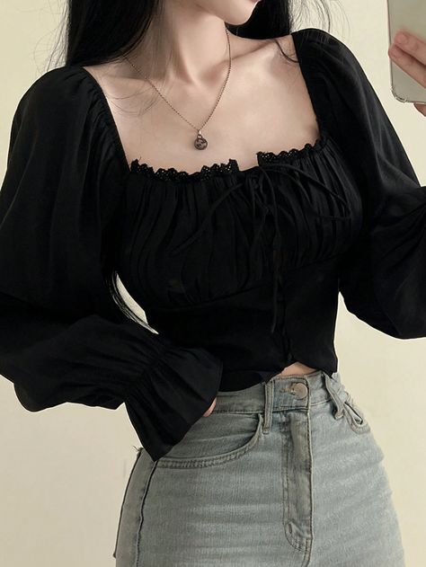 Black Elegant Collar Long Sleeve Woven Fabric Plain Top Embellished Medium Stretch  Women Clothing Elegant Rock Style Women, Styling Long Sleeve Shirts, Outfits With Black Shirt, Petite Aesthetic, Soft Alternative Outfits, Simple Black Top, Top Manga Larga, Fashion Top Outfits, Causal Outfits