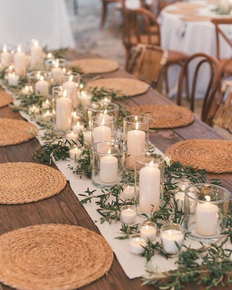 Minimalist Wedding Decor: 2023 Guide With Chic Decoration Ideas Rustic Wedding Candles, Botanical Table Setting, Dinner Table Candle Decor, Simple Wedding Decorations Table, Wedding Table Candle Decorations, Casual Wedding Table Settings, Wedding Table Decor Candles, Intimate Wedding Reception Ideas, Rustic Wedding Decor Centerpieces