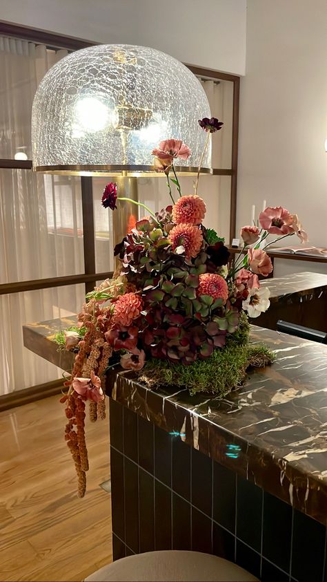 Floral bar arrangement - assymetric. Hydrangeas, Moss and Dahlias. Floral Bar Arrangement, Bar Arrangement, Floral Bar, Floral Installation, Moss Art, Hydrangea, Flowers Bouquet, Our Wedding, Interior Design