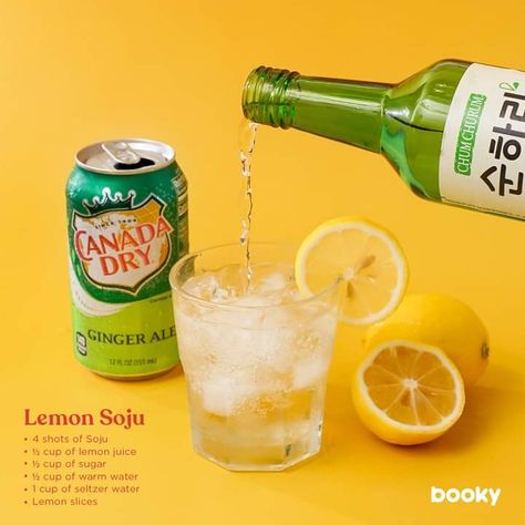 Soju Cocktail Recipes, Korean Drinks Recipe, Soju Recipes, Jinro Soju, Soju Drinks, Lemon Drinks, Soju Cocktail, Kitchen Ingredients, Seltzer Water