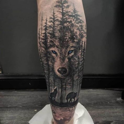 53 Best Tattoo Ideas in 2021 (For Men & Women) Filler Tattoo Ideas Gap Realism, Tattoo Ideas For Men Calf, Wolf Face Tattoo, Rose Tattoo Leg, Calf Sleeve Tattoo, Tattoo Calf, Trees Tattoo, Fenrir Tattoo, Calf Tattoo Men