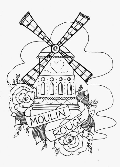 I'd never ever get this but that would be one awesome tattoo! Moulin Rouge Drawing, Farm Windmill Tattoo, Moulin Rouge Windmill Tattoo, Amsterdam Windmill Tattoo, Rogue Tattoo, Windmill Tattoo, At The Moulin Rouge Painting, All Tattoos, Cover Up Tattoos