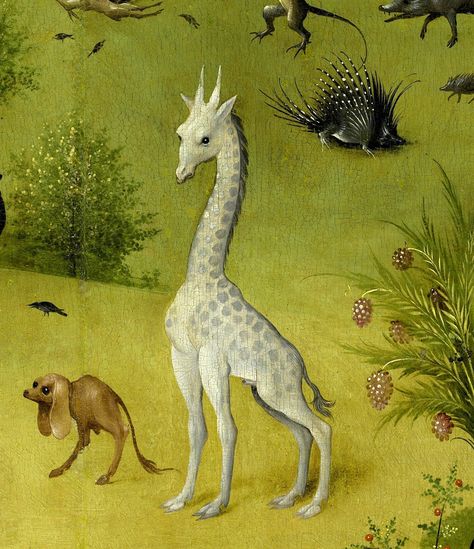 Giraffe, porcupine, dog, from the Garden of Earthly Delights [detail]. Triptych. Oil on oak panel, by Hieronymus Bosch, 1490-1500, Museo Nacional del Prado. Hieronymus Bosch Paintings, Art History Timeline, The Garden Of Earthly Delights, Earthly Delights, Garden Of Earthly Delights, Language Art, Hieronymus Bosch, Cute Giraffe, Traditional Paintings